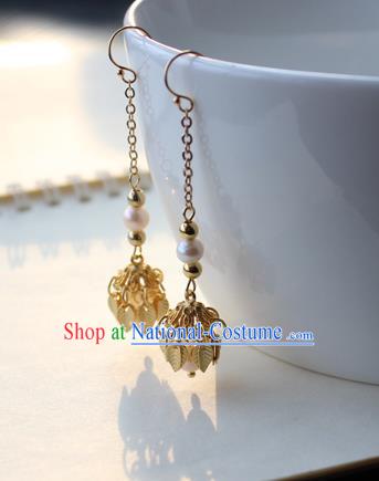 Chinese Handmade Golden Leaf Tassel Earrings Classical Jewelry Accessories Hanfu Ming Dynasty Princess Pearls Eardrop