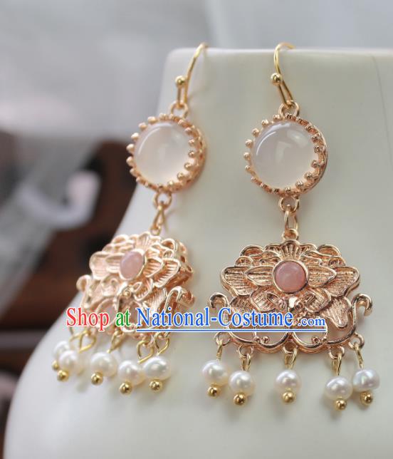 Chinese Handmade Golden Peony Earrings Classical Jewelry Accessories Hanfu Ming Dynasty Princess Pearls Tassel Eardrop