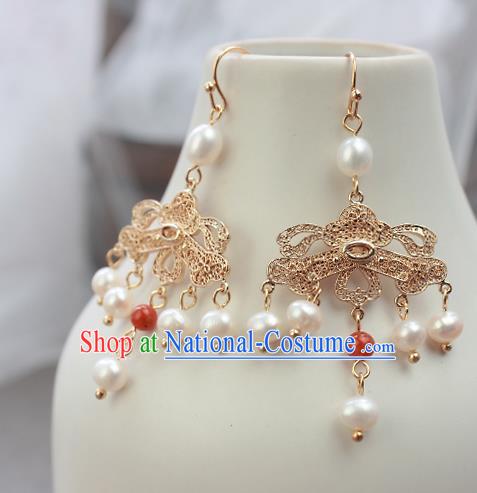 Chinese Handmade Golden Earrings Classical Jewelry Accessories Hanfu Ming Dynasty Princess Pearls Tassel Eardrop