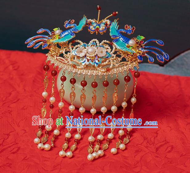 Chinese Classical Blueing Phoenix Tassel Step Shake Hair Crown Handmade Hanfu Hair Accessories Ancient Ming Dynasty Golden Leaf Hairpins