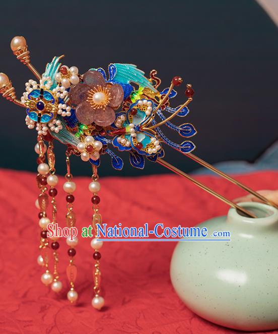 Chinese Classical Blueing Phoenix Hair Stick Tassel Step Shake Handmade Hanfu Hair Accessories Ancient Ming Dynasty Palace Plum Hairpins