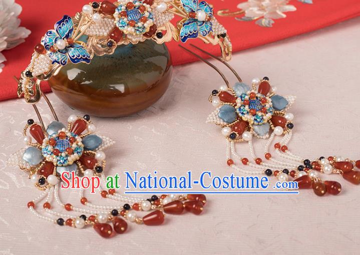 Chinese Classical Pearls Tassel Hair Stick Handmade Hanfu Hair Accessories Ancient Ming Dynasty Princess Blueing Agate Hairpins