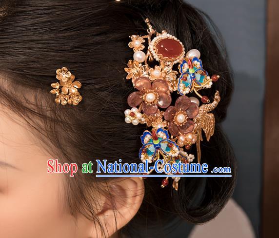 Chinese Classical Blueing Butterfly Hair Stick Handmade Hanfu Hair Accessories Ancient Ming Dynasty Princess Pearls Agate Hairpins