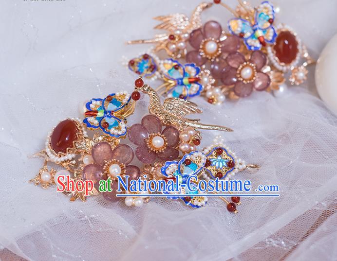 Chinese Classical Blueing Butterfly Hair Stick Handmade Hanfu Hair Accessories Ancient Ming Dynasty Princess Pearls Agate Hairpins