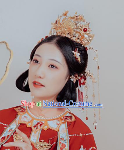 Chinese Classical Golden Phoenix Coronet Handmade Hanfu Hair Accessories Ancient Tang Dynasty Queen Hairpins Pearls Hair Crown