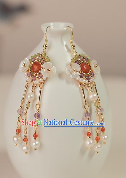 Chinese Handmade Pearls Earrings Classical Ear Accessories Hanfu Ming Dynasty Princess Shell Flowers Eardrop