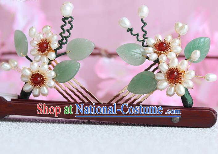 Chinese Classical Court Pearls Hair Combs Handmade Hanfu Hair Accessories Ancient Ming Dynasty Princess Jade Leaf Hairpins