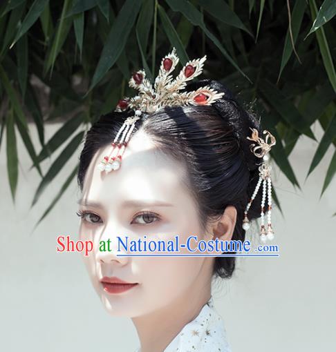 Chinese Classical Palace Agate Phoenix Hair Crown Handmade Hanfu Hair Accessories Ancient Ming Dynasty Empress Pearls Golden Hairpins