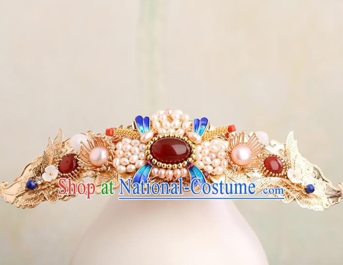 Chinese Classical Palace Pearls Agate Hair Crown Handmade Hanfu Hair Accessories Ancient Ming Dynasty Princess Golden Butterfly Hairpins