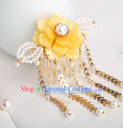 Chinese Classical Palace Yellow Peony Tassel Hair Comb Handmade Hanfu Hair Accessories Ancient Ming Dynasty Princess Hairpins