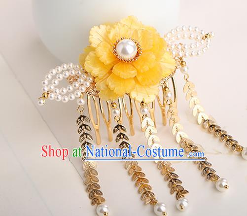 Chinese Classical Palace Yellow Peony Tassel Hair Comb Handmade Hanfu Hair Accessories Ancient Ming Dynasty Princess Hairpins