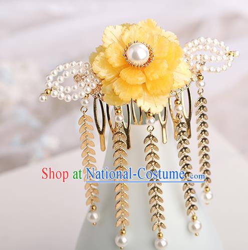 Chinese Classical Palace Yellow Peony Tassel Hair Comb Handmade Hanfu Hair Accessories Ancient Ming Dynasty Princess Hairpins