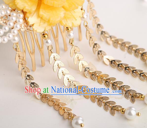 Chinese Classical Palace Yellow Peony Tassel Hair Comb Handmade Hanfu Hair Accessories Ancient Ming Dynasty Princess Hairpins