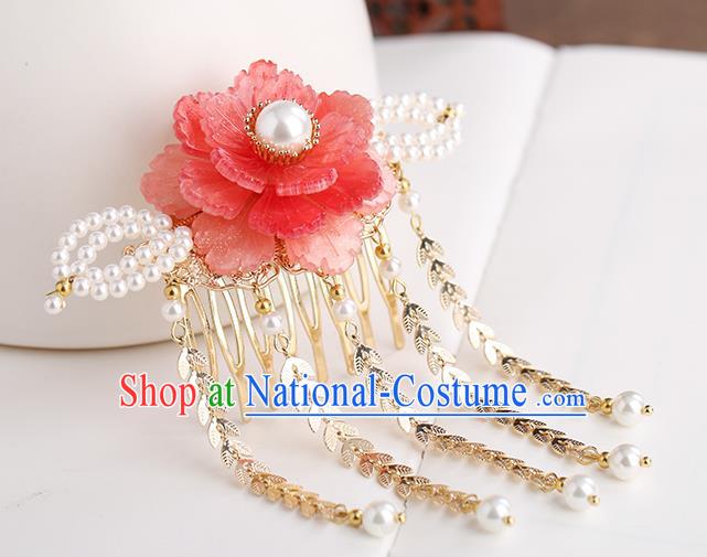 Chinese Classical Palace Red Peony Tassel Hair Comb Handmade Hanfu Hair Accessories Ancient Ming Dynasty Princess Hairpins