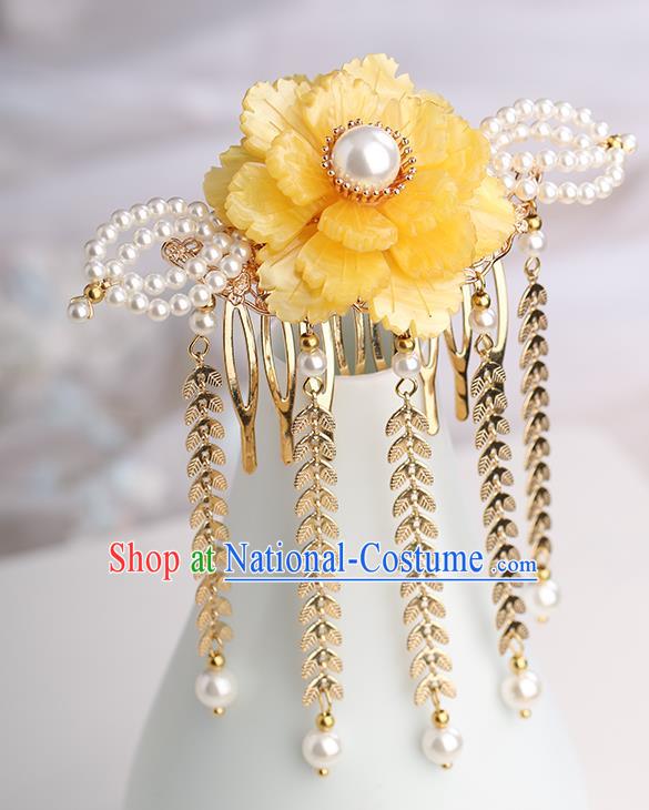 Chinese Classical Palace Yellow Peony Tassel Hair Comb Handmade Hanfu Hair Accessories Ancient Ming Dynasty Princess Hairpins