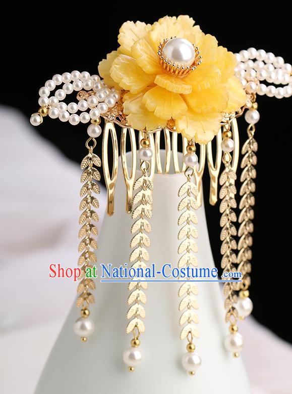 Chinese Classical Palace Yellow Peony Tassel Hair Comb Handmade Hanfu Hair Accessories Ancient Ming Dynasty Princess Hairpins