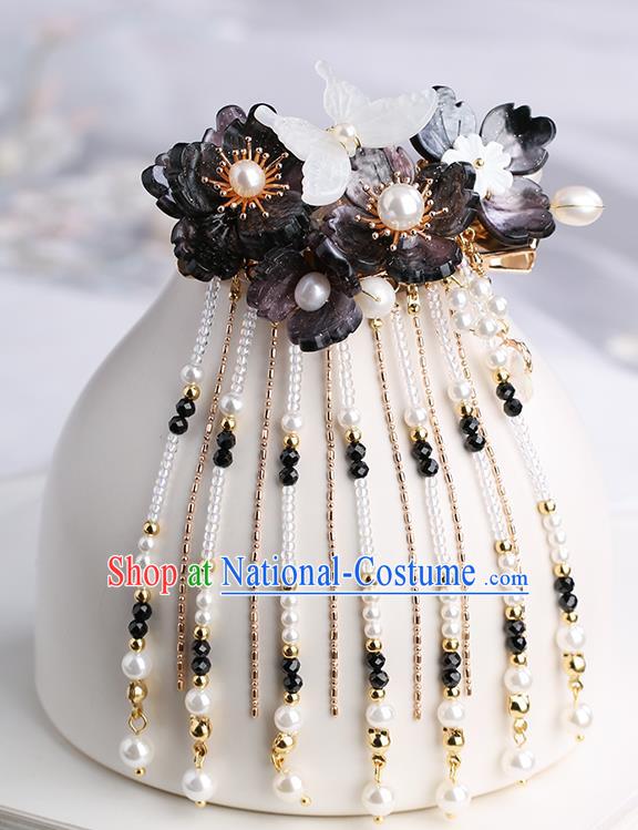 Chinese Classical Palace Shell Butterfly Hair Sticks Handmade Hanfu Hair Accessories Ancient Ming Dynasty Princess Black Flowers Tassel Hairpins