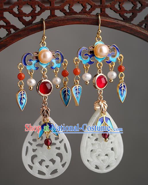 Chinese Handmade Blueing Earrings Classical Ear Accessories Hanfu Ming Dynasty Empress Jade Eardrop