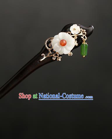 Chinese Classical Palace Jade Plum Tassel Hair Sticks Handmade Hanfu Hair Accessories Ancient Ming Dynasty Princess Ebony Hairpins