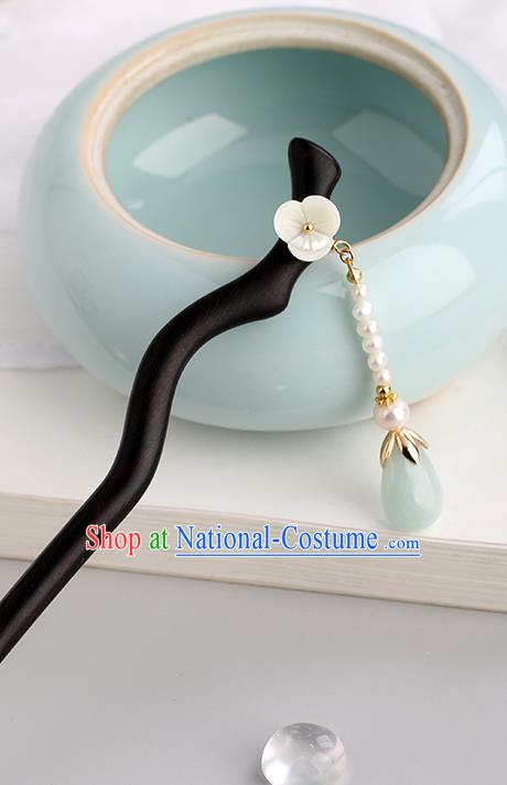 Chinese Classical Palace Ebony Hair Sticks Handmade Hanfu Hair Accessories Ancient Ming Dynasty Princess Jade Tassel Hairpins