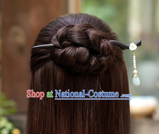 Chinese Classical Palace Ebony Hair Sticks Handmade Hanfu Hair Accessories Ancient Ming Dynasty Princess Jade Tassel Hairpins