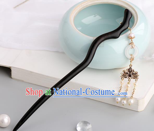 Chinese Classical Palace Golden Lotus Tassel Hair Sticks Handmade Hanfu Hair Accessories Ancient Ming Dynasty Princess Jade Ebony Hairpins