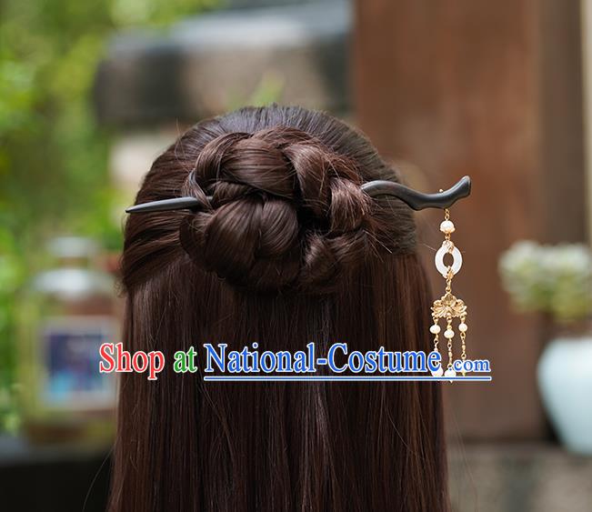 Chinese Classical Palace Golden Lotus Tassel Hair Sticks Handmade Hanfu Hair Accessories Ancient Ming Dynasty Princess Jade Ebony Hairpins