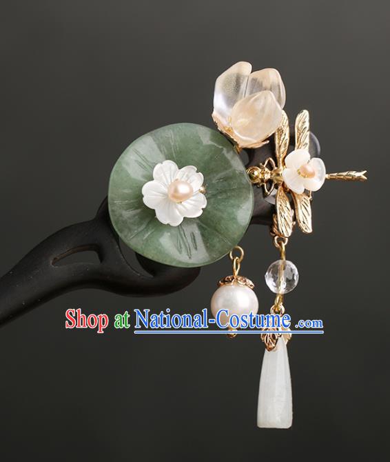 Chinese Classical Palace Jade Lotus Leaf Hair Sticks Handmade Hanfu Hair Accessories Ancient Ming Dynasty Princess Ebony Hairpins