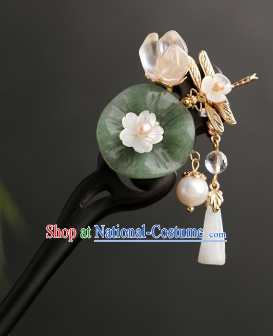 Chinese Classical Palace Jade Lotus Leaf Hair Sticks Handmade Hanfu Hair Accessories Ancient Ming Dynasty Princess Ebony Hairpins