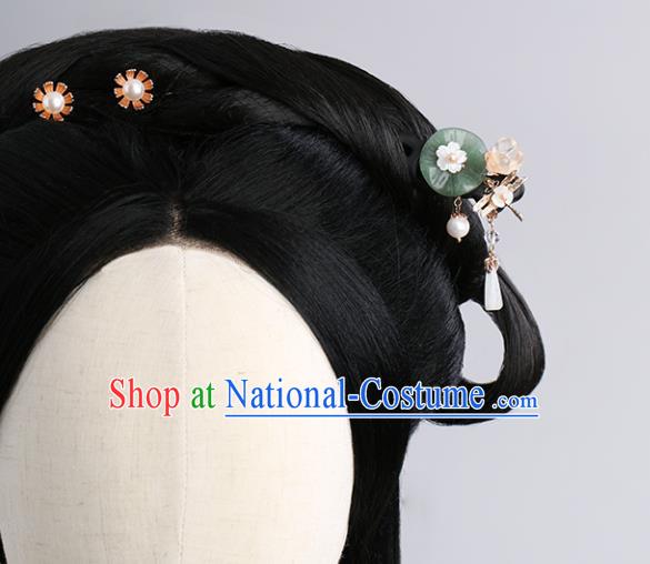 Chinese Classical Palace Jade Lotus Leaf Hair Sticks Handmade Hanfu Hair Accessories Ancient Ming Dynasty Princess Ebony Hairpins