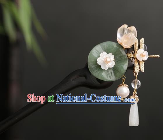 Chinese Classical Palace Jade Lotus Leaf Hair Sticks Handmade Hanfu Hair Accessories Ancient Ming Dynasty Princess Ebony Hairpins