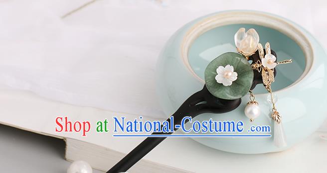 Chinese Classical Palace Jade Lotus Leaf Hair Sticks Handmade Hanfu Hair Accessories Ancient Ming Dynasty Princess Ebony Hairpins