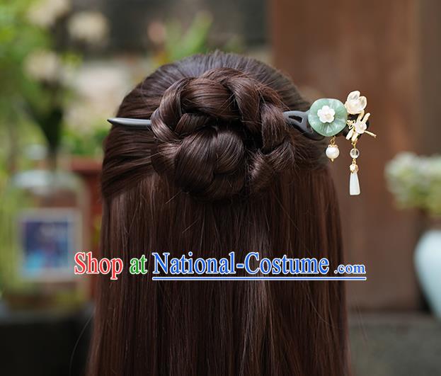 Chinese Classical Palace Jade Lotus Leaf Hair Sticks Handmade Hanfu Hair Accessories Ancient Ming Dynasty Princess Ebony Hairpins