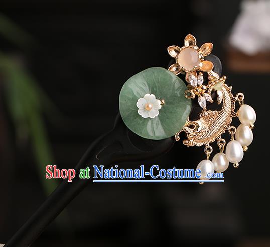 Chinese Classical Palace Golden Fish Hair Sticks Handmade Hanfu Hair Accessories Ancient Ming Dynasty Princess Jade Lotus Leaf Ebony Hairpins