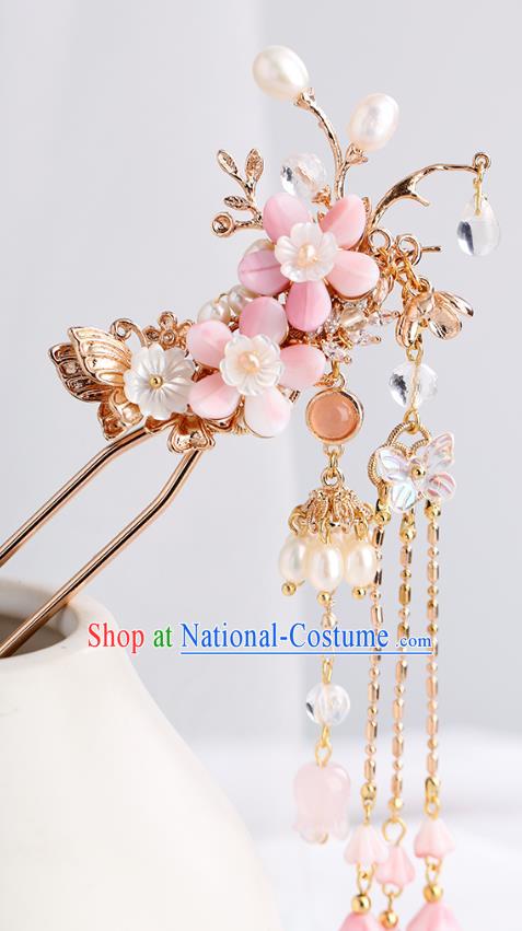 Chinese Classical Palace Pink Plum Tassel Hair Stick Handmade Hanfu Hair Accessories Ancient Ming Dynasty Princess Golden Hairpins