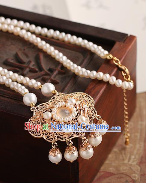 Chinese Handmade Golden Necklet Classical Jewelry Accessories Ancient Ming Dynasty Princess Hanfu Pearls Necklace for Women