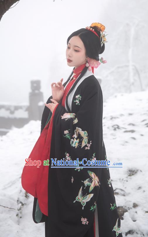 Chinese Ming Dynasty Countess Historical Costumes Traditional Hanfu Apparels Embroidered Black Cape Blouse and Skirt for Patrician Women