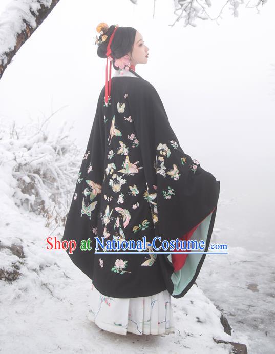 Chinese Ming Dynasty Countess Historical Costumes Traditional Hanfu Apparels Embroidered Black Cape Blouse and Skirt for Patrician Women