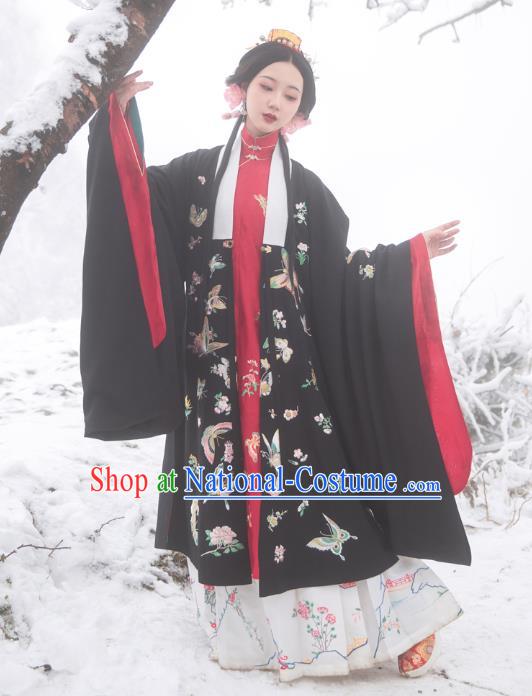 Chinese Ming Dynasty Countess Historical Costumes Traditional Hanfu Apparels Embroidered Black Cape Blouse and Skirt for Patrician Women