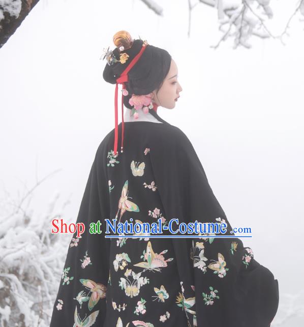 Chinese Ming Dynasty Countess Historical Costumes Traditional Hanfu Apparels Embroidered Black Cape Blouse and Skirt for Patrician Women