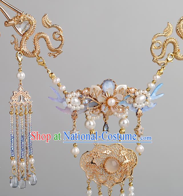 Chinese Handmade Golden Dragon Necklet Classical Jewelry Accessories Ancient Ming Dynasty Princess Hanfu Pearls Necklace for Women