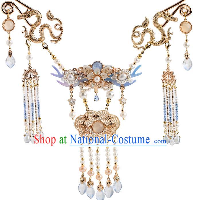 Chinese Handmade Golden Dragon Necklet Classical Jewelry Accessories Ancient Ming Dynasty Princess Hanfu Pearls Necklace for Women