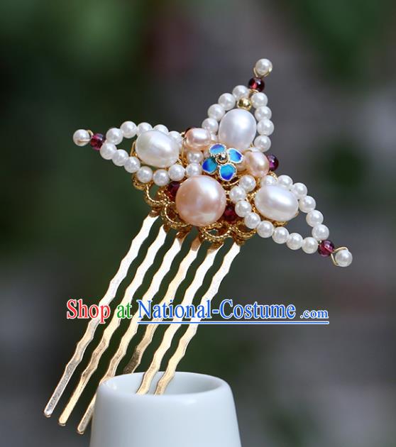 Chinese Classical Palace Pearls Hair Comb Handmade Hanfu Hair Accessories Ancient Ming Dynasty Princess Blueing Hairpins