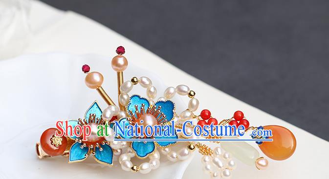 Chinese Classical Palace Blueing Plum Hair Stick Handmade Hanfu Hair Accessories Ancient Ming Dynasty Princess Pearls Ceregat Hairpins