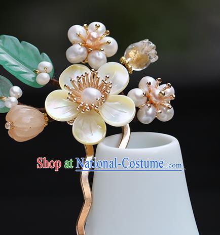 Chinese Classical Palace Beige Plum Hair Stick Handmade Hanfu Hair Accessories Ancient Ming Dynasty Princess Pearls Hairpins