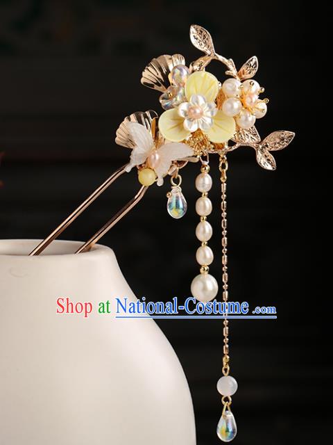 Chinese Classical Palace Pearls Tassel Hair Stick Handmade Hanfu Hair Accessories Ancient Ming Dynasty Princess Shell Butterfly Hairpins