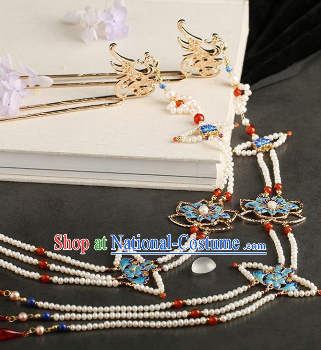 Chinese Classical Palace Phoenix Tassel Hair Stick Handmade Hanfu Hair Accessories Ancient Ming Dynasty Empress Blueing Lotus Hairpins