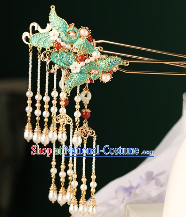 Chinese Classical Palace Blueing Crane Hair Stick Handmade Hanfu Hair Accessories Ancient Ming Dynasty Empress Pearls Tassel Hairpins