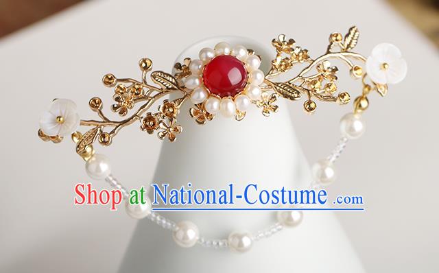 Chinese Classical Palace Red Chalcedony Hair Stick Handmade Hanfu Hair Accessories Ancient Ming Dynasty Empress Tassel Plum Hairpins