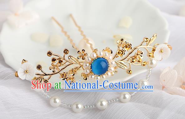 Chinese Classical Palace Blue Chalcedony Hair Stick Handmade Hanfu Hair Accessories Ancient Ming Dynasty Empress Tassel Plum Hairpins